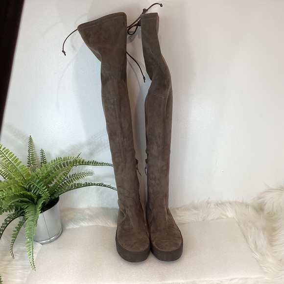 STUART WEITZMAN PLAYTIME BOHO SUEDE THIGH HIGH FLAT BOOTS TAUPE SZ 6 - Picture 10 of 14